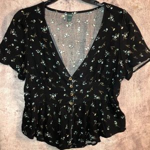 Black blouse with Blue Flower Detail